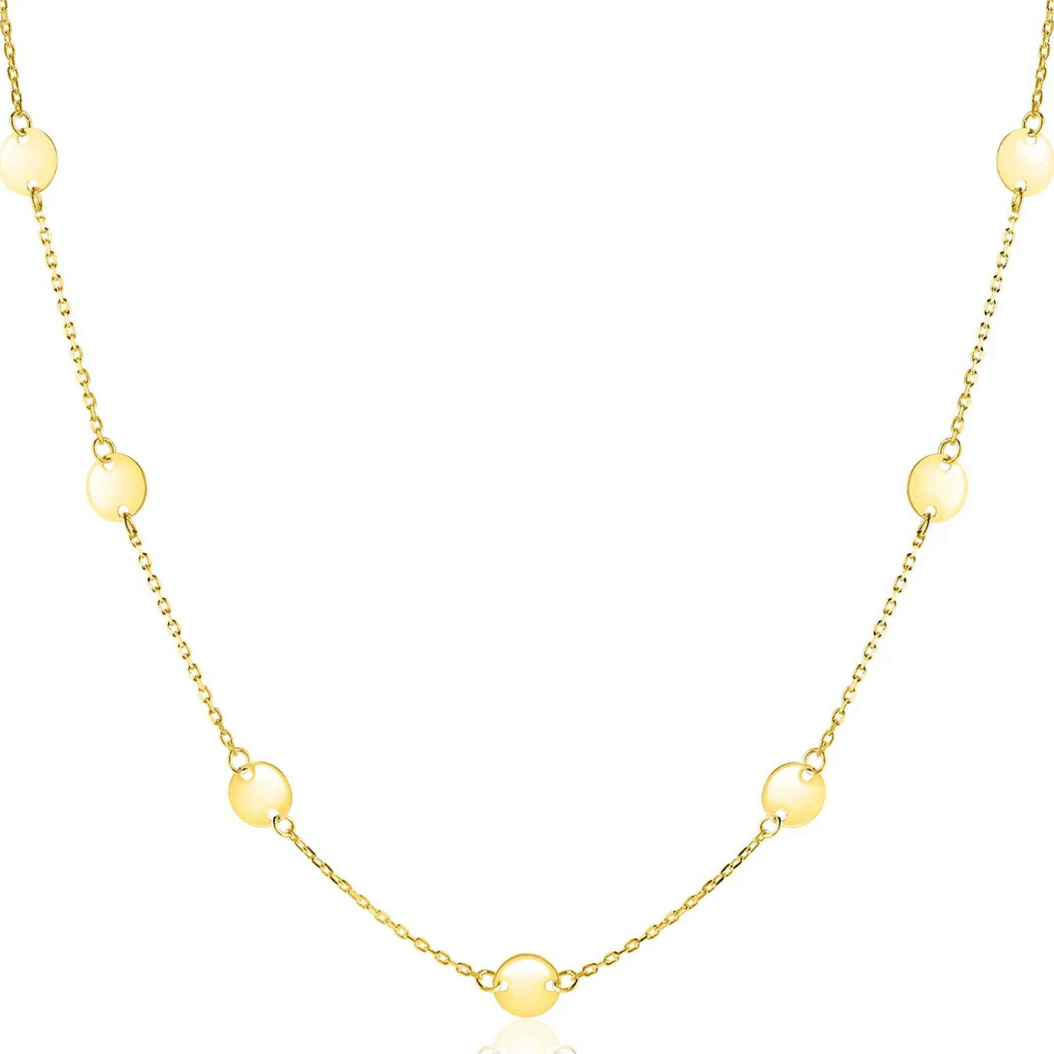 Hot Zinzi Gold 14 krt gouden ketting met subtiele jasseron schakels en negen ronde gladde plaatjes 5mm breed 42-45cm ZGC503