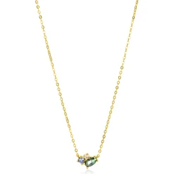Zinzi Gold 14 krt gouden ketting 45cm, in het midden bezet met fijne groene, blauwe en champagne zirconia's ZGC379