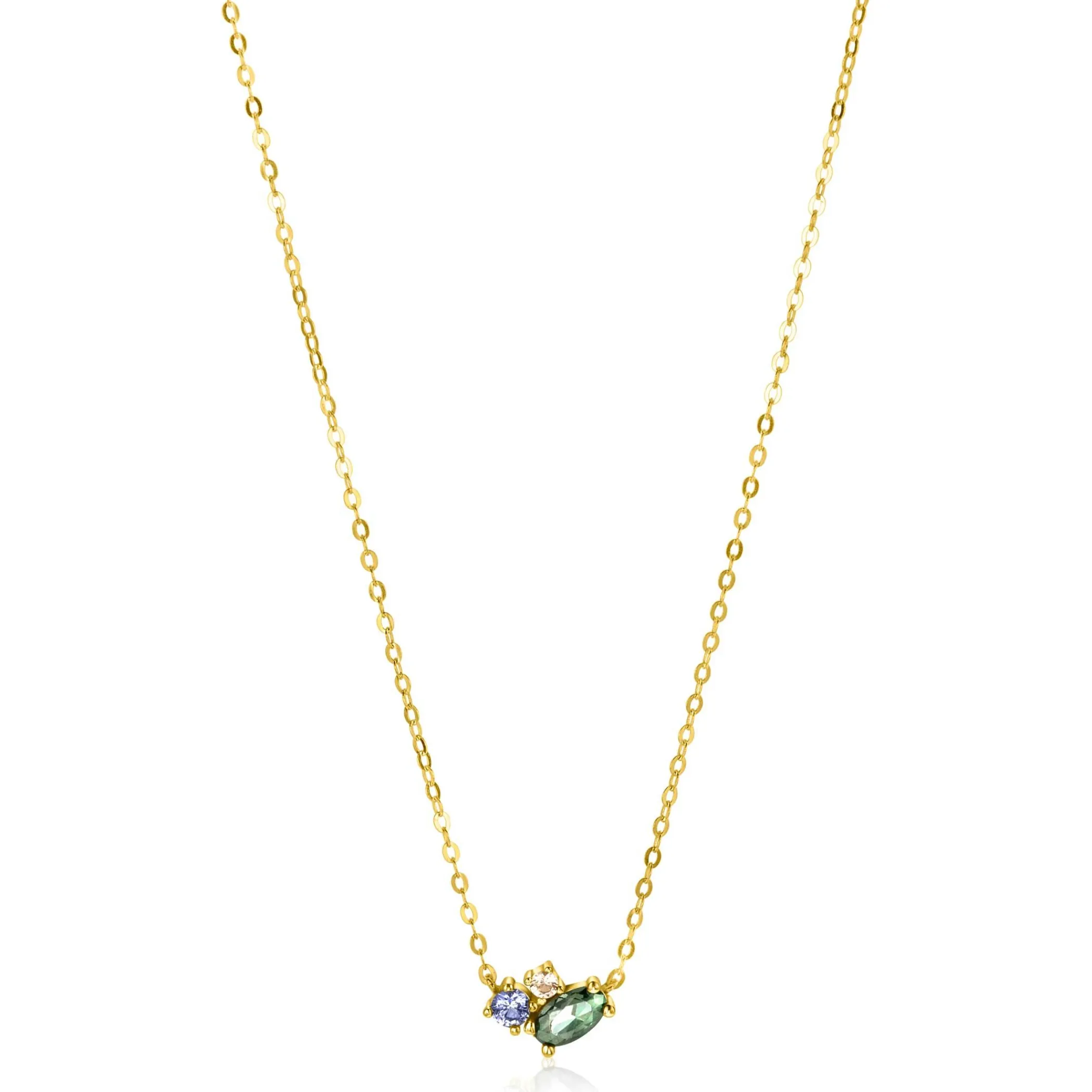 Zinzi Gold 14 krt gouden ketting 45cm, in het midden bezet met fijne groene, blauwe en champagne zirconia's ZGC379