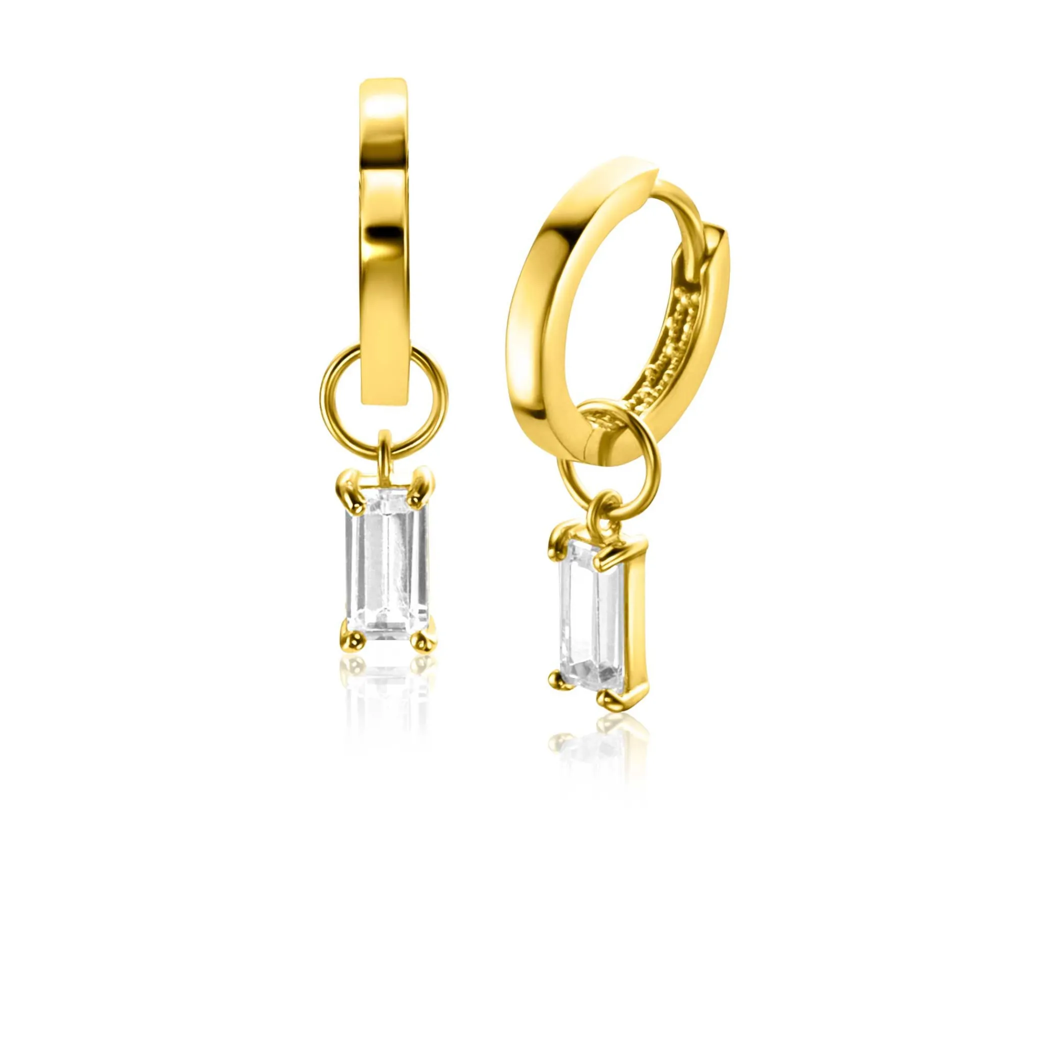 Hot Zinzi Gold 14 krt gouden oorbedels bezet met baquette geslepen witte zirconia 7mm in chatonzetting ZGCH424 (zonder oorringen)