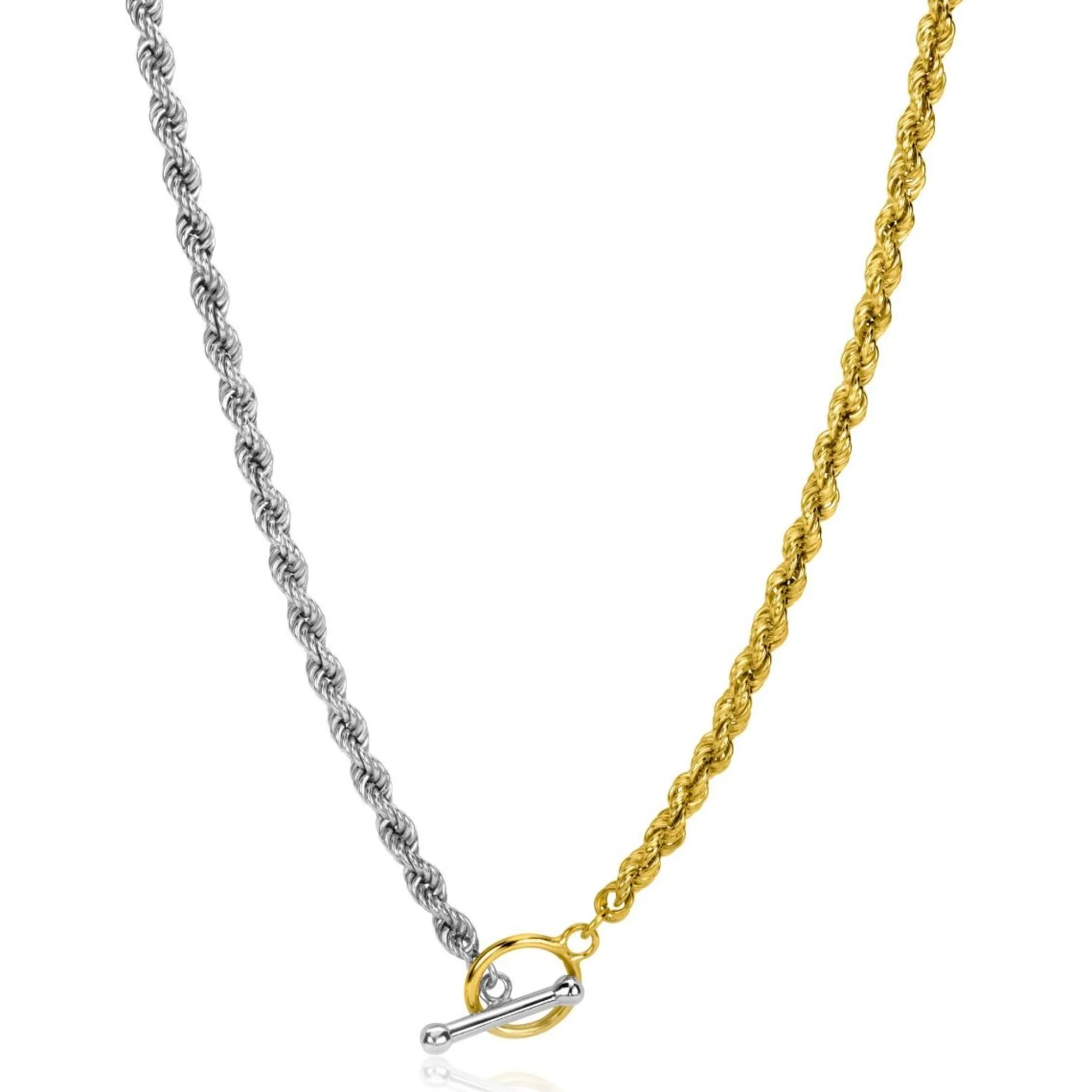 Hot Zinzi gold plated zilveren ketting met 3,7mm brede koord schakel bicolor en trendy kapittel sluiting 42-45cm ZIC2288