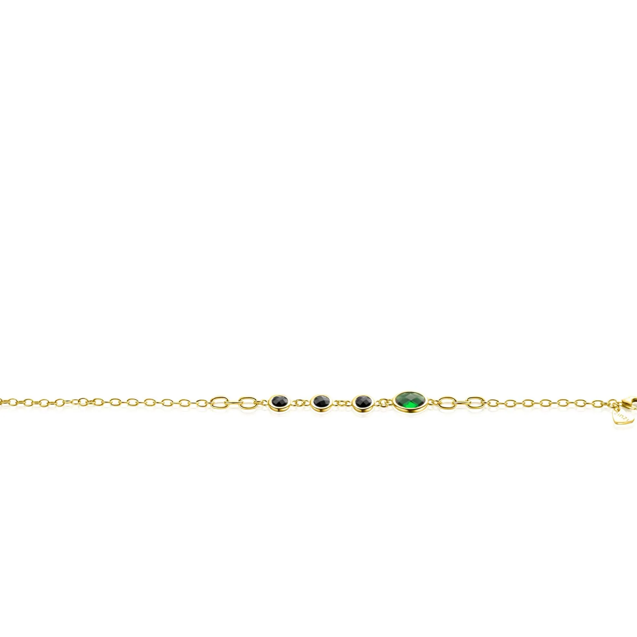 Zinzi gold plated zilveren schakel armband met drie ronde zettingen zwart en ovale zetting groen 17-20 cm ZIA2389