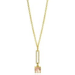 Clearance Zinzi gold plated zilveren jasseron ketting met schitterende open ovale vorm en vierkante hanger in licht roze 42-45cm ZIC2579