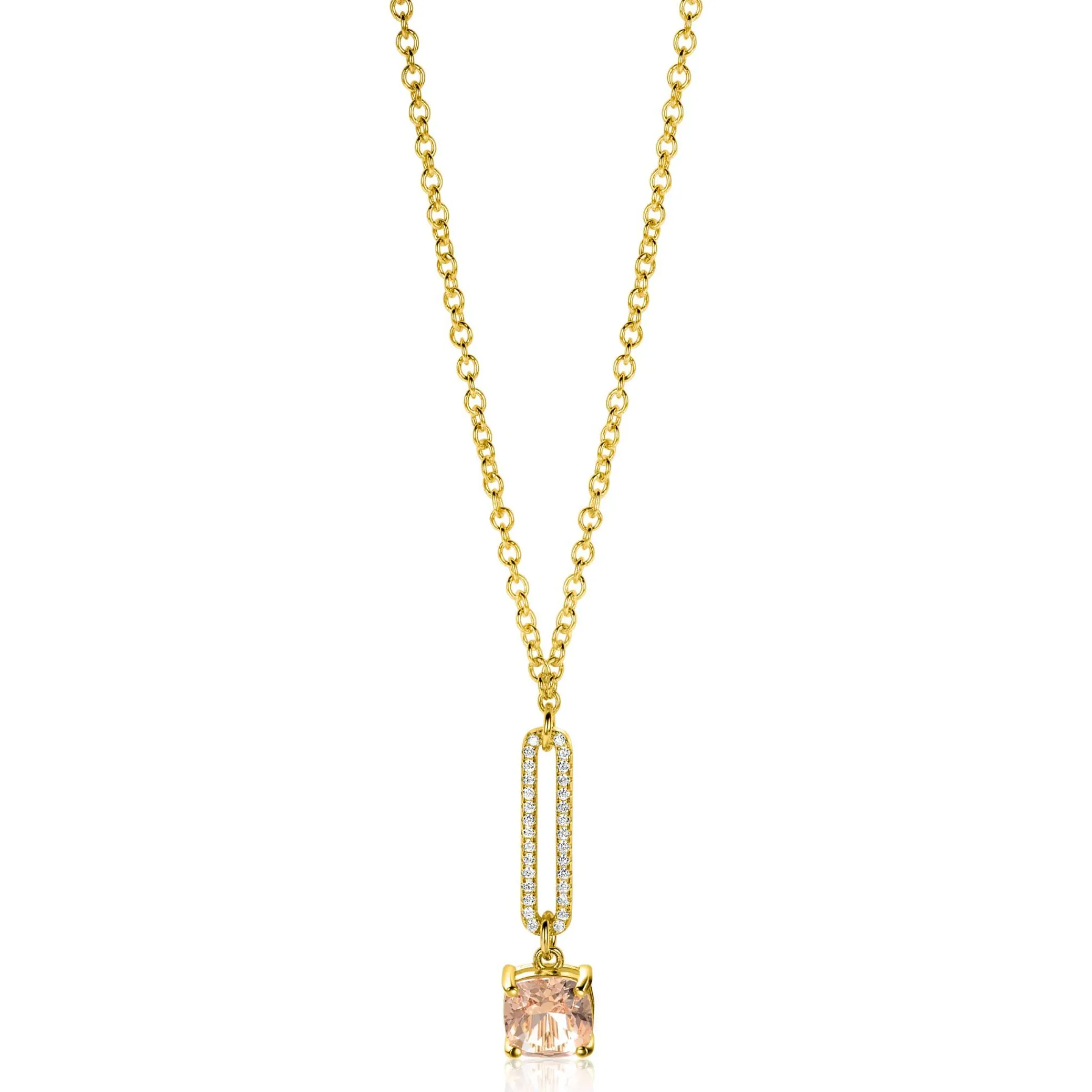 Clearance Zinzi gold plated zilveren jasseron ketting met schitterende open ovale vorm en vierkante hanger in licht roze 42-45cm ZIC2579