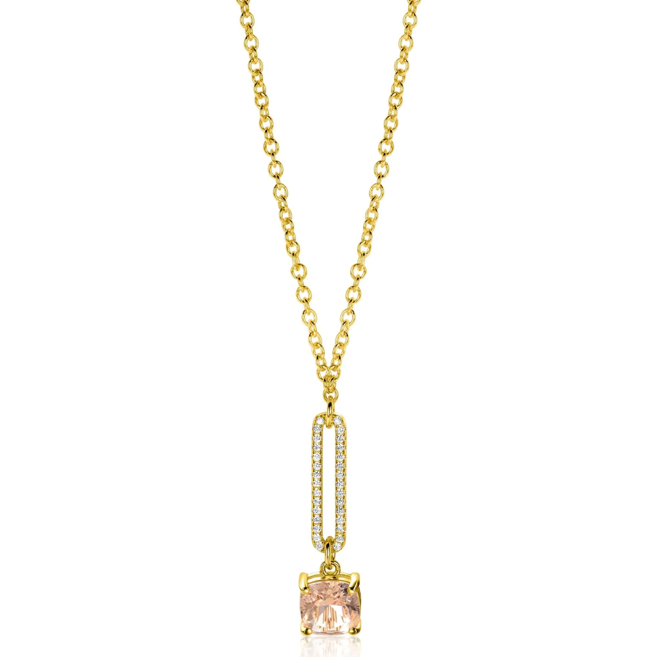 Clearance Zinzi gold plated zilveren jasseron ketting met schitterende open ovale vorm en vierkante hanger in licht roze 42-45cm ZIC2579