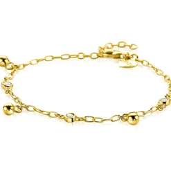 Best Zinzi gold plated zilveren schakel armband 9mm breed met witte zirkonia's en gladde bolletjes 17-19cm ZIA2658
