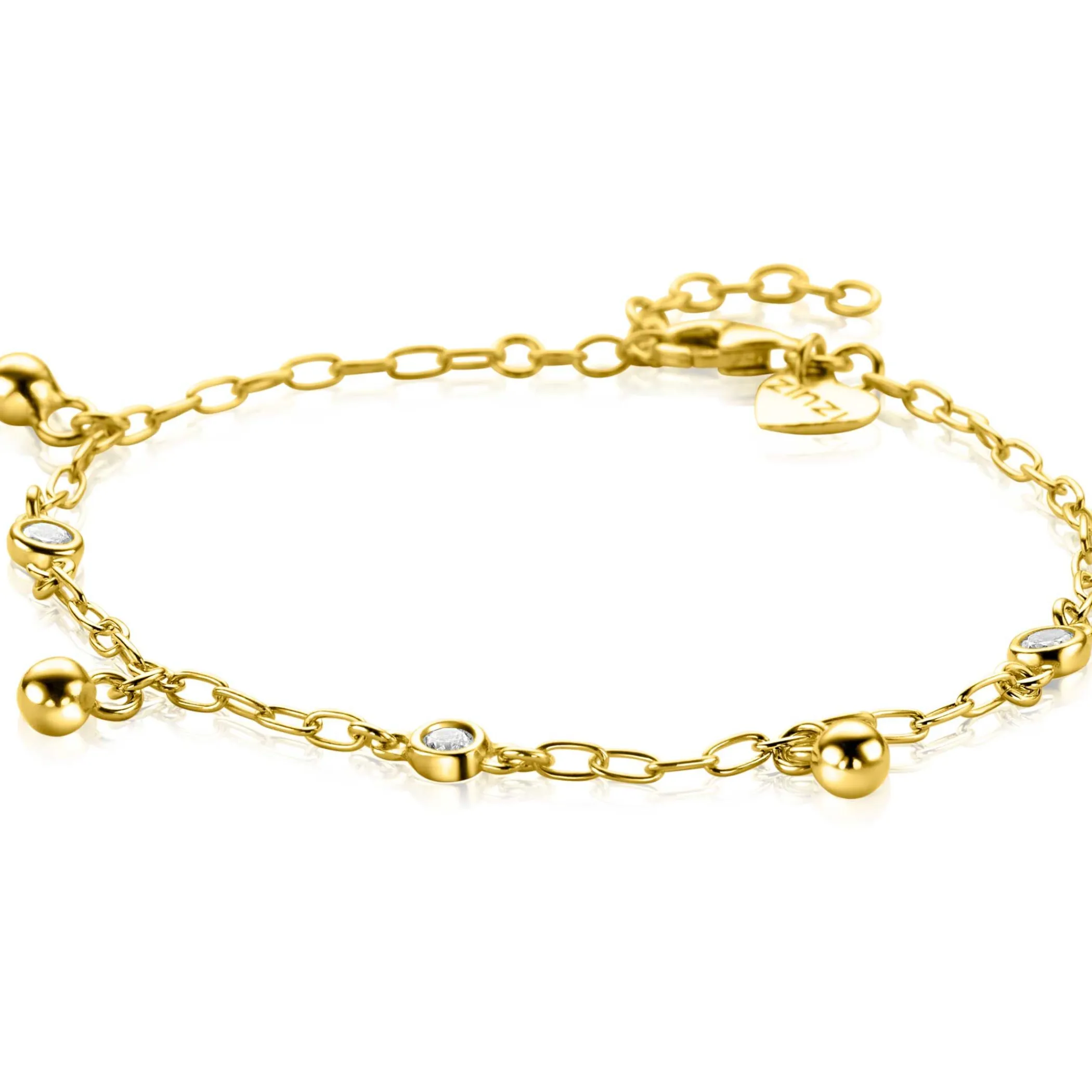 Best Zinzi gold plated zilveren schakel armband 9mm breed met witte zirkonia's en gladde bolletjes 17-19cm ZIA2658