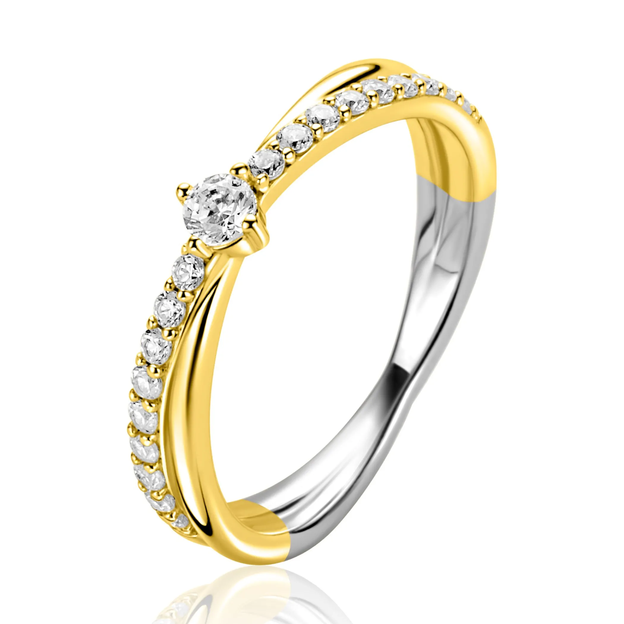 Clearance Zinzi gold plated zilveren cross-over ring, bezet met witte zirkonia’s ZIR2725Y