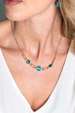 Zinzi gold plated zilveren collier met paperclip schakels en groen turquoise kleurstenen ZIC2332