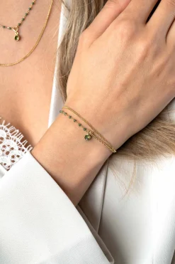 Zinzi gold plated zilveren multilook armband met gourmet en groene bolletjes schakels, ronde zetting met olijfgroene kleursteen 16,5-19,5cm ZIA2528G