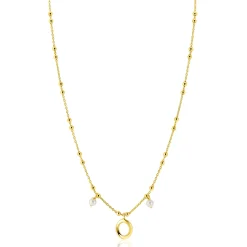 Clearance Zinzi gold plated zilveren fantasie ketting met kleine bolletjes, twee bungelende witte pareltjes en organische open vorm in het midden 42-45cm ZIC2405