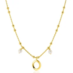 Clearance Zinzi gold plated zilveren fantasie ketting met kleine bolletjes, twee bungelende witte pareltjes en organische open vorm in het midden 42-45cm ZIC2405