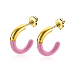 Best Zinzi gold plated zilveren trendy oorsieraden 16mm half emaille roze ZIO2315R