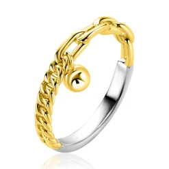 Hot Zinzi gold plated zilveren ring met gourmet en paperclip schakel en bolletjes hanger ZIR2521G