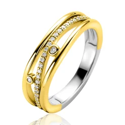 Online Zinzi gold plated zilveren multi-look ring (6mm breed) in golvend design bezet met witte zirkonia's ZIR2685