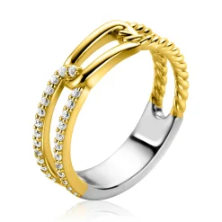 Hot Zinzi gold plated zilveren luxe ring 5mm breed met drie paperclip schakels, glad bewerkt witte zirconia's ZIR2330Y
