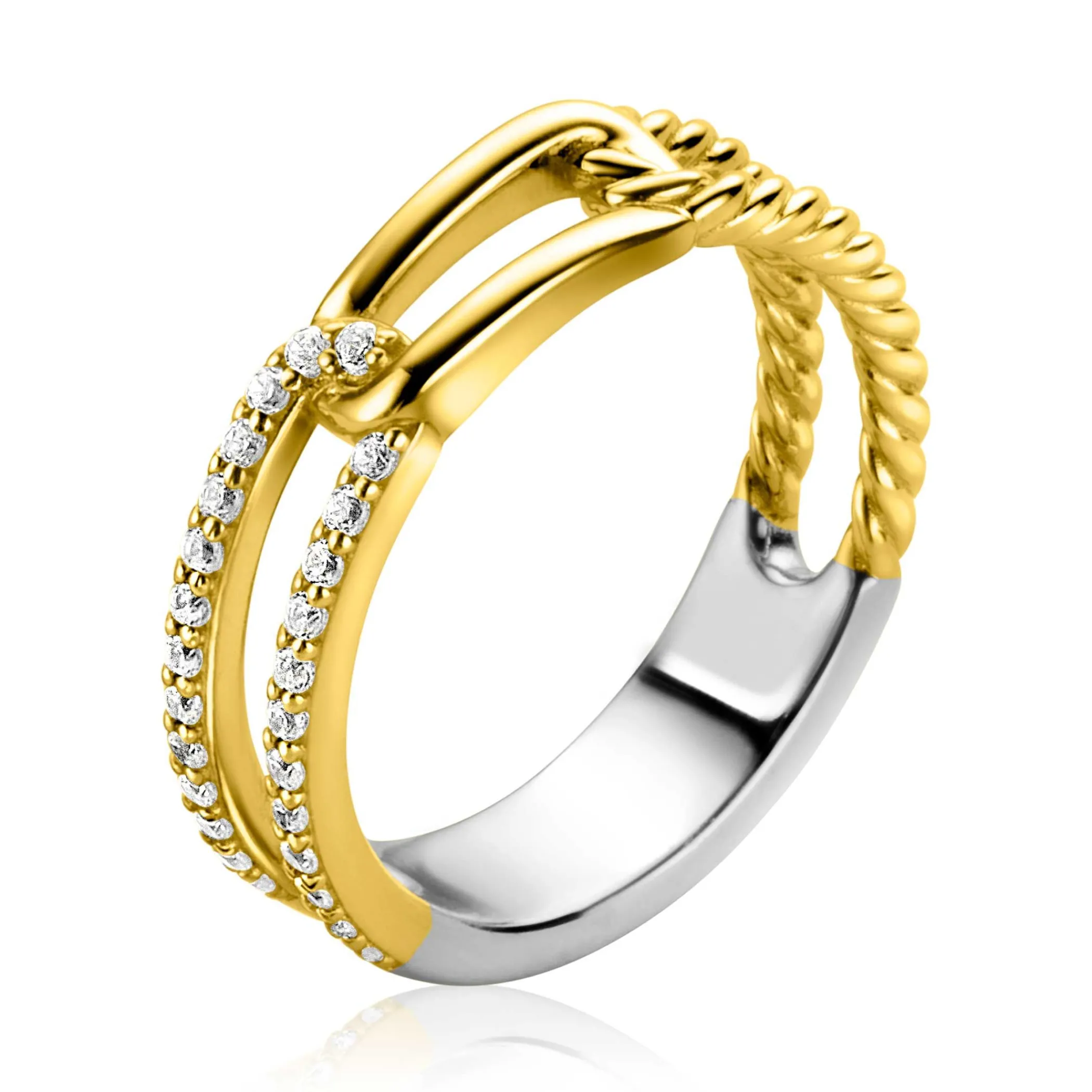Hot Zinzi gold plated zilveren luxe ring 5mm breed met drie paperclip schakels, glad bewerkt witte zirconia's ZIR2330Y