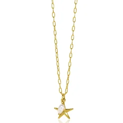 New Zinzi gold plated zilveren ketting met paperclip-schakels en grote zeester hanger met ovale witte zoetwaterparel 40-45cm ZIC2641