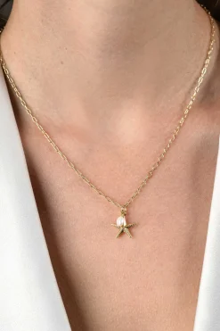 New Zinzi gold plated zilveren ketting met paperclip-schakels en grote zeester hanger met ovale witte zoetwaterparel 40-45cm ZIC2641