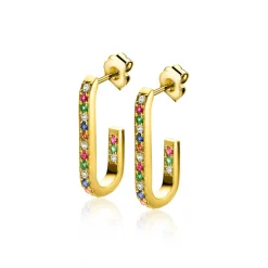 New Zinzi gold plated zilveren oorstekers in ovale vorm (20mm) bezet met regenboog kleurstenen ZIO2310YMC