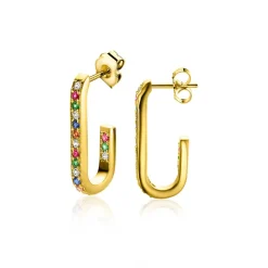 New Zinzi gold plated zilveren oorstekers in ovale vorm (20mm) bezet met regenboog kleurstenen ZIO2310YMC