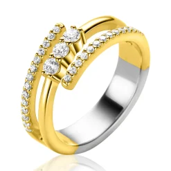 Discount Zinzi gold plated zilveren multi-look ring (8mm breed) met 3 rijen, bezet met witte zirconia's ZIR2645Y