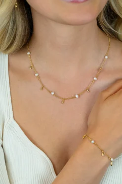 Discount Zinzi gold plated zilveren ketting met witte zoetwaterparels en druppeltjes 42-45cm ZIC2753