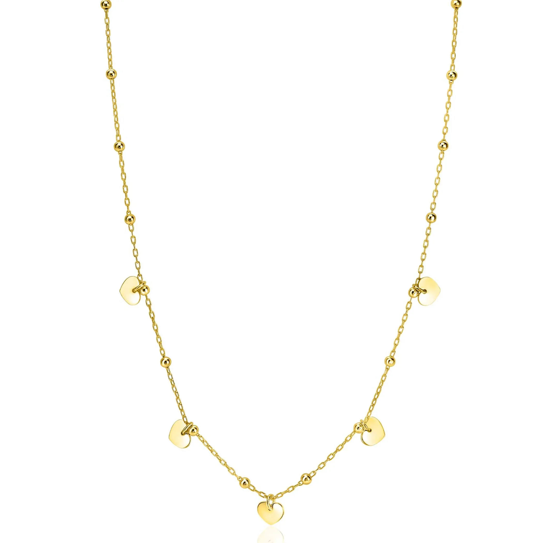 Best Zinzi gold plated zilveren ankerketting met kleine bolletjes en vijf gladde hartjes 42-45cm ZIC2531G