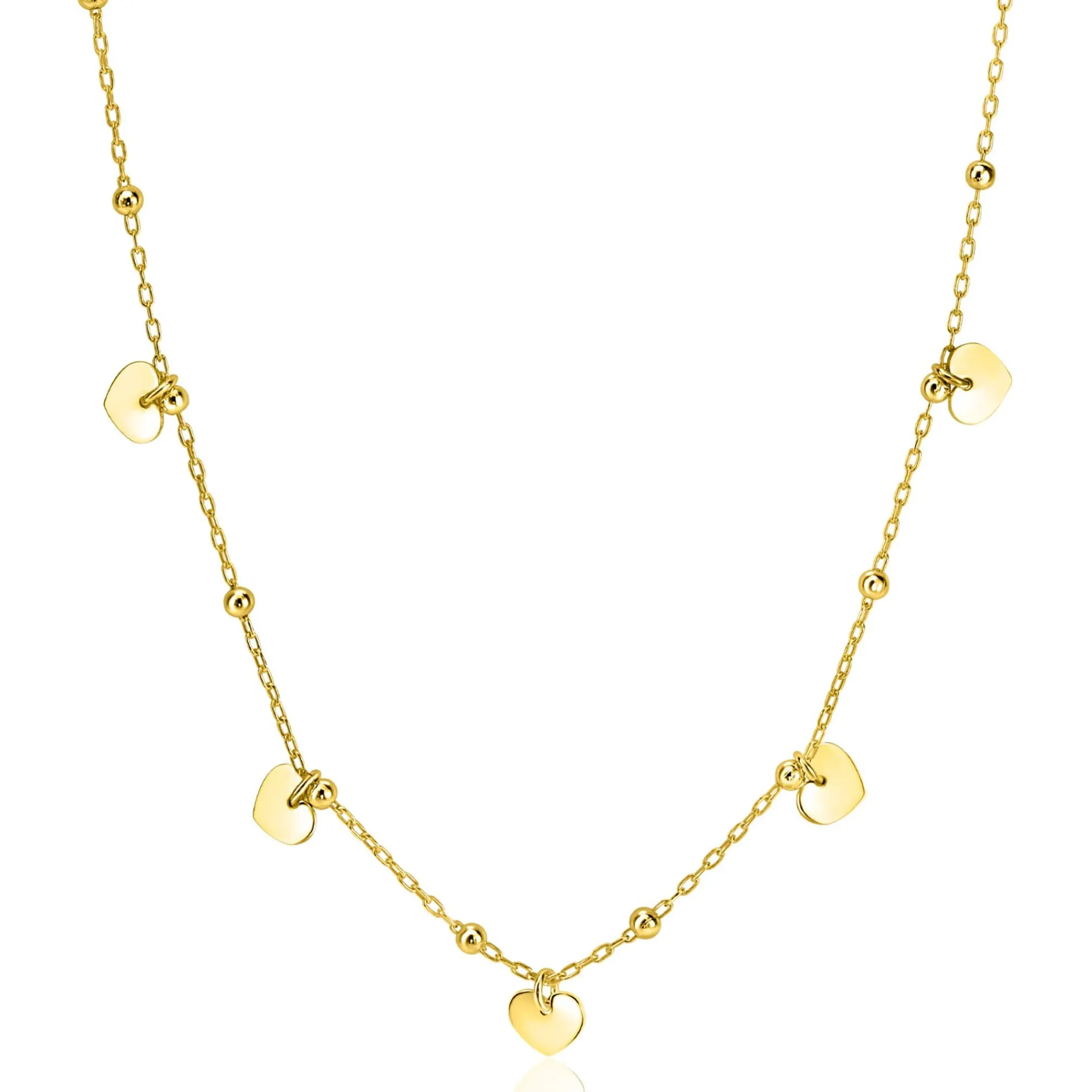 Best Zinzi gold plated zilveren ankerketting met kleine bolletjes en vijf gladde hartjes 42-45cm ZIC2531G