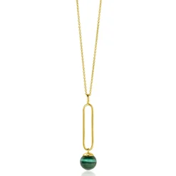 Zinzi gold plated zilveren ketting met lange ovale hanger en bungelende groene cateye in bolvorm 40-45cm ZIC2420