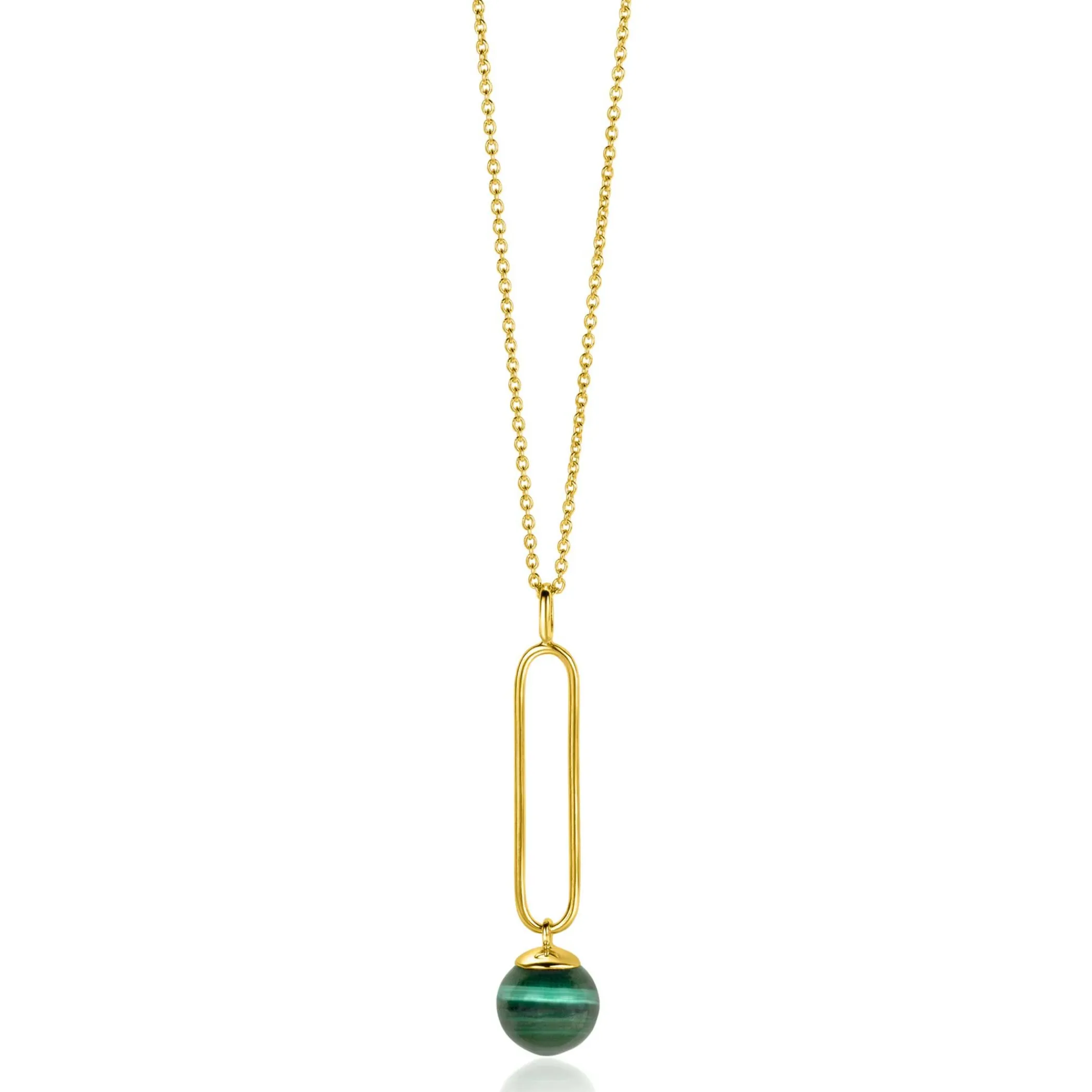 Zinzi gold plated zilveren ketting met lange ovale hanger en bungelende groene cateye in bolvorm 40-45cm ZIC2420