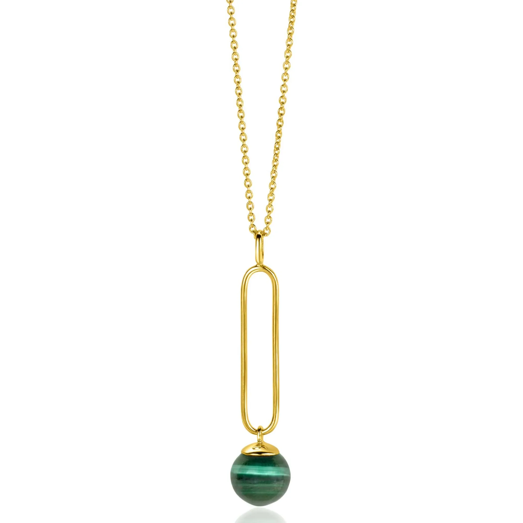 Zinzi gold plated zilveren ketting met lange ovale hanger en bungelende groene cateye in bolvorm 40-45cm ZIC2420