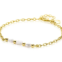 Online Zinzi gold plated zilveren schakelarmband met drie witte natuurlijk gevormde zoetwaterparels in het midden 17-19cm ZIA2643