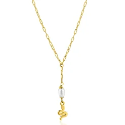 Hot Zinzi gold plated zilveren paperclip Y-collier met witte zoetwaterparel en slang ZIC2761