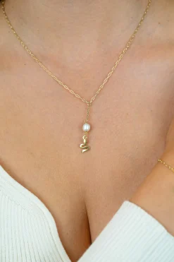 Hot Zinzi gold plated zilveren paperclip Y-collier met witte zoetwaterparel en slang ZIC2761