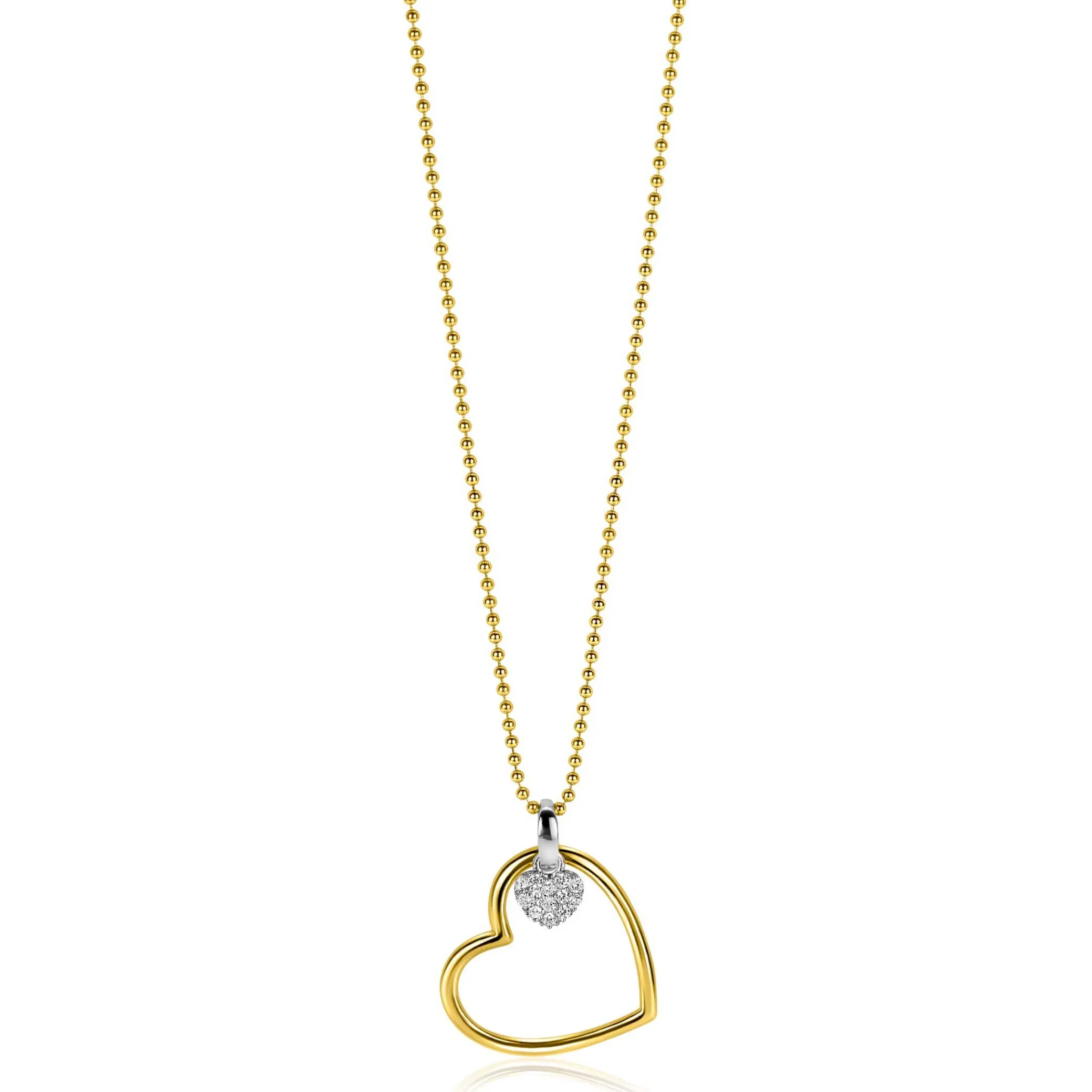 Outlet Zinzi gold plated zilveren bolletjes ketting met grote open hart hanger 20mm en bungelend luxe hartje 45-48cm ZIC2621