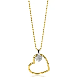 Outlet Zinzi gold plated zilveren bolletjes ketting met grote open hart hanger 20mm en bungelend luxe hartje 45-48cm ZIC2621
