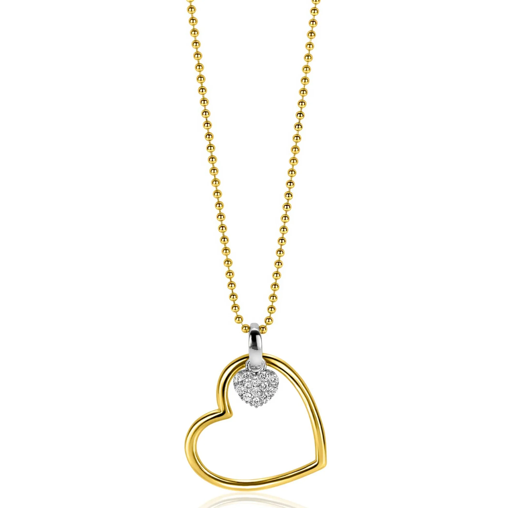 Outlet Zinzi gold plated zilveren bolletjes ketting met grote open hart hanger 20mm en bungelend luxe hartje 45-48cm ZIC2621