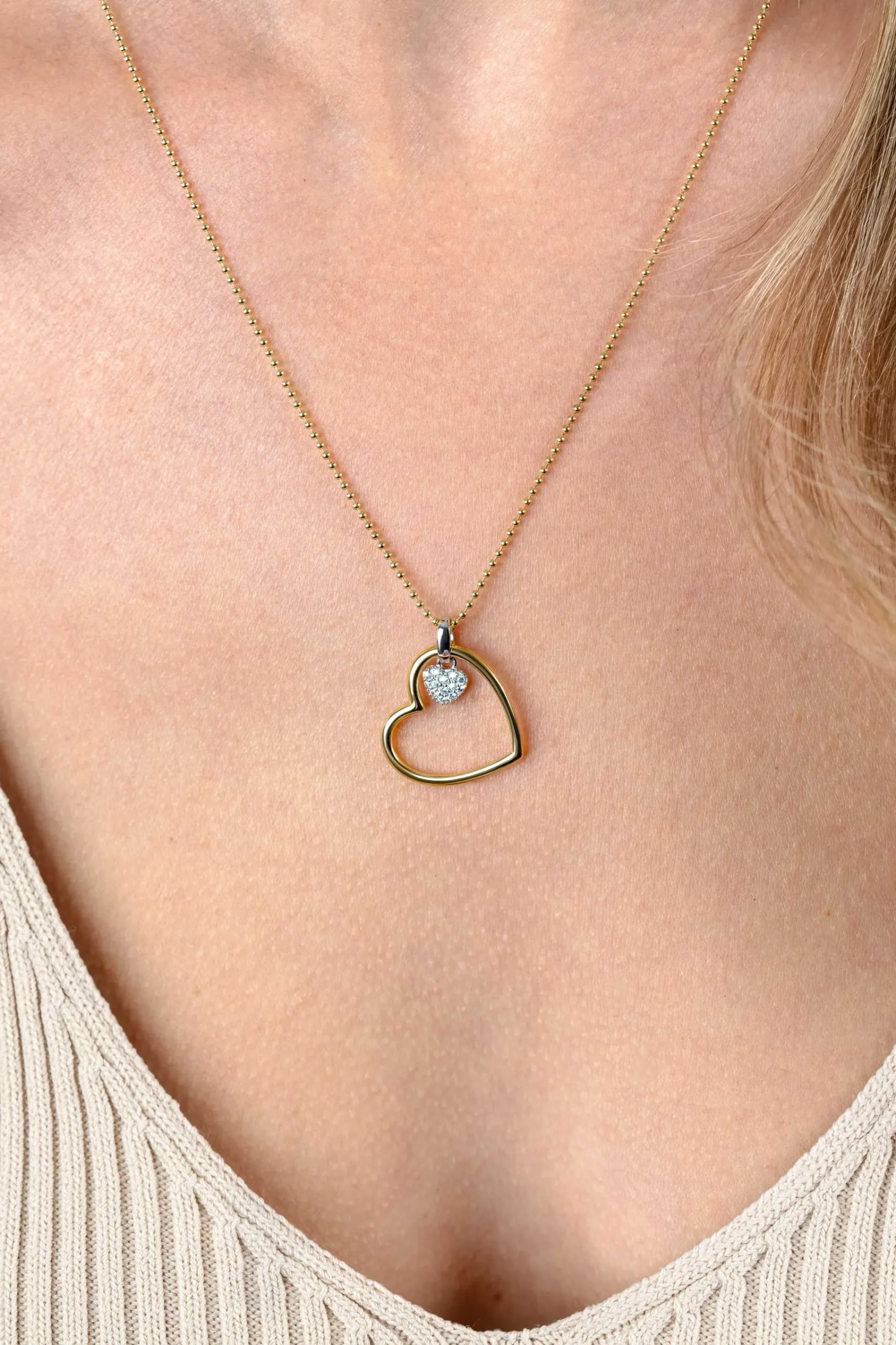 Outlet Zinzi gold plated zilveren bolletjes ketting met grote open hart hanger 20mm en bungelend luxe hartje 45-48cm ZIC2621