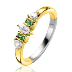 Zinzi gold plated zilveren ring met zettingen in peer, rechthoek en driehoeksvorm bezet met witte en groene kleurstenen ZIR2630G