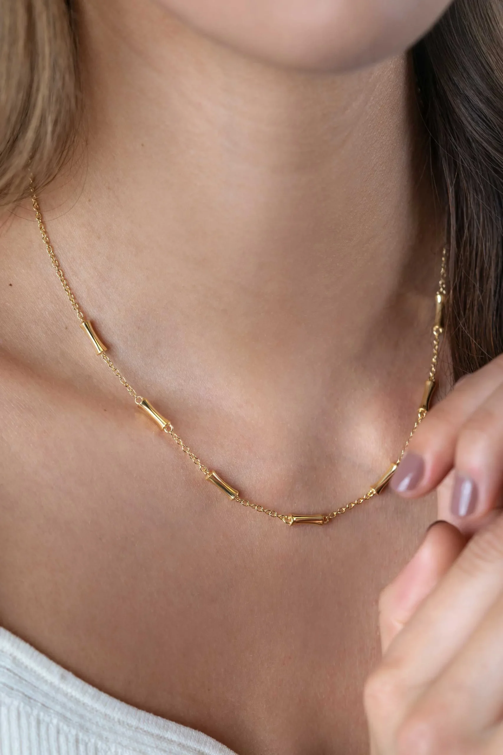 Discount Zinzi gold plated zilveren schakel ketting met zeven gladde bamboe vormen 40-45m ZIC2577G