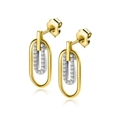 Clearance Zinzi gold plated zilveren ovale oorstekers 20mm bezet met witte zirconia's ZIO2329