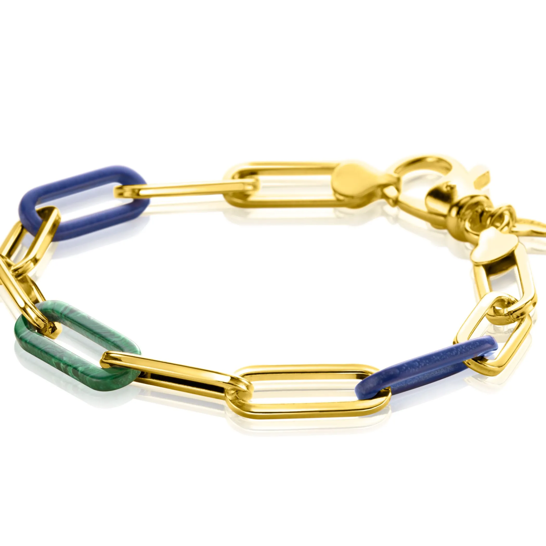 Zinzi gold plated zilveren armband met paperclip-schakels en trendy schakels in lapisblauw en malachietgroen 19cm ZIA2455