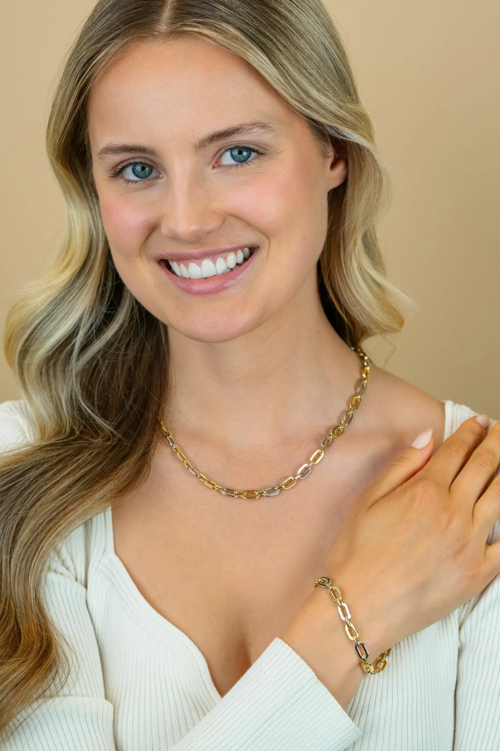 Online Zinzi gold plated zilveren schakelarmband met bicolor rechthoekige schakels (6,5mm breed) ZIA2757