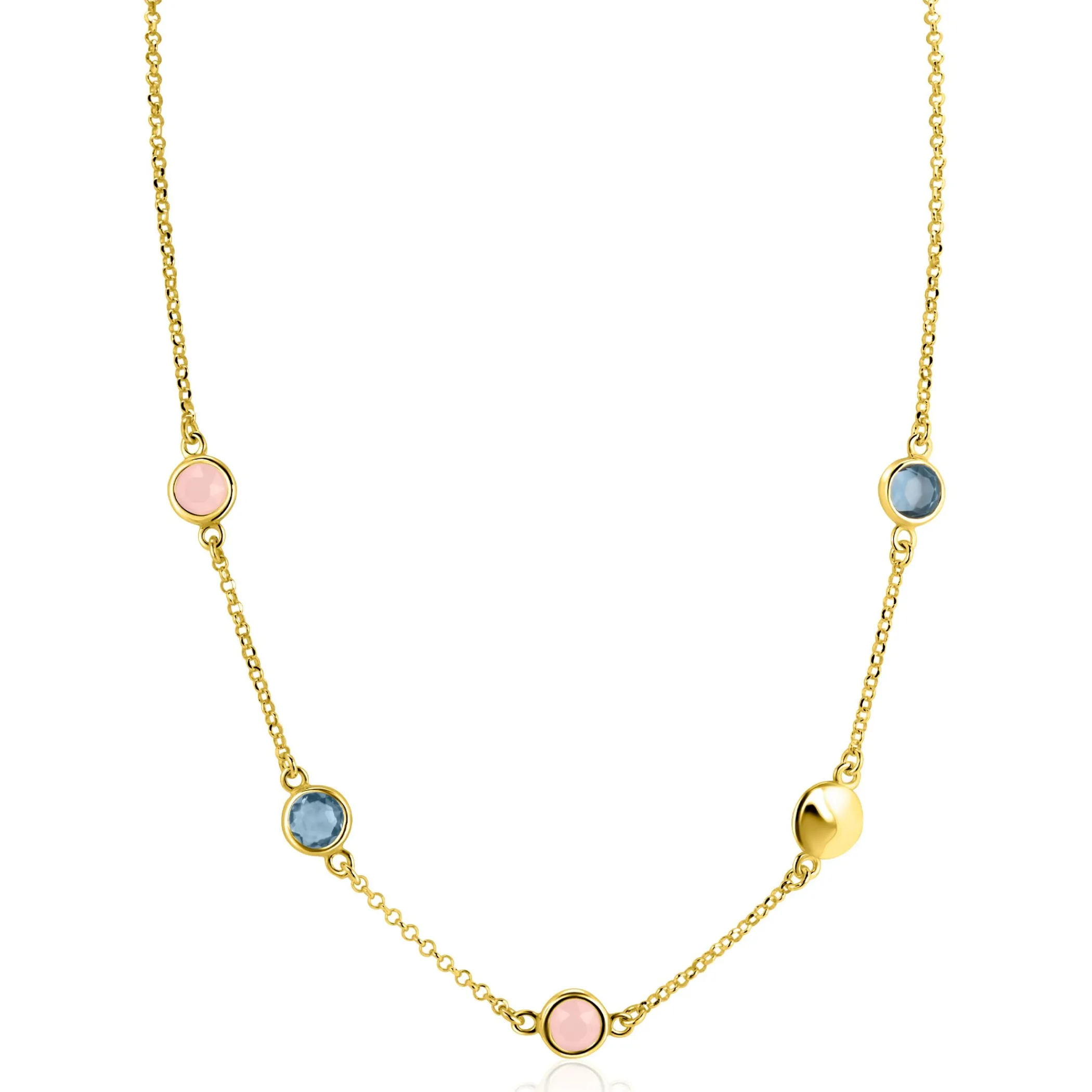 Hot Zinzi gold plated zilveren ketting 40–45cm met rondjes, bezet met blauwe en roze kleurstenen ZIC2715G