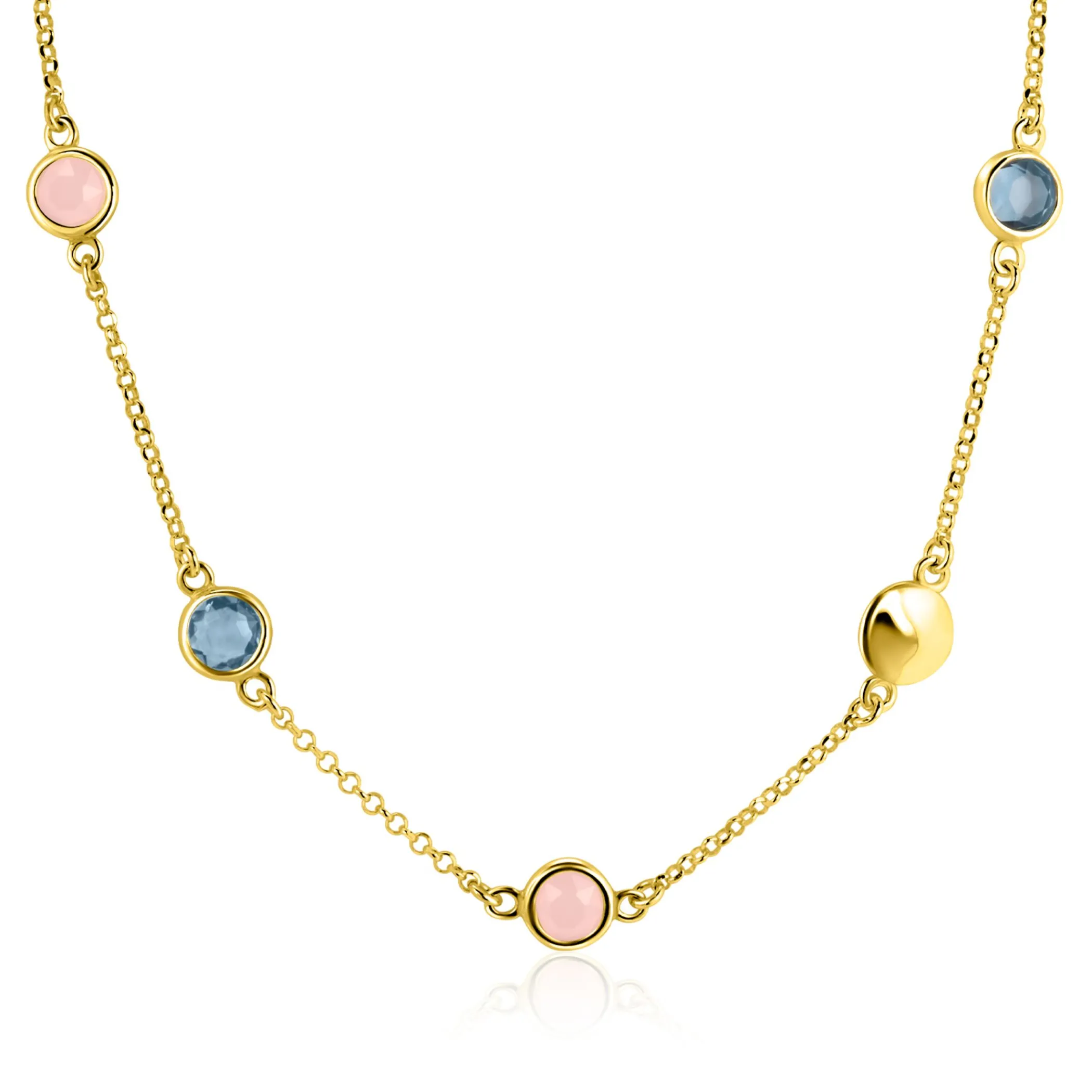 Hot Zinzi gold plated zilveren ketting 40–45cm met rondjes, bezet met blauwe en roze kleurstenen ZIC2715G