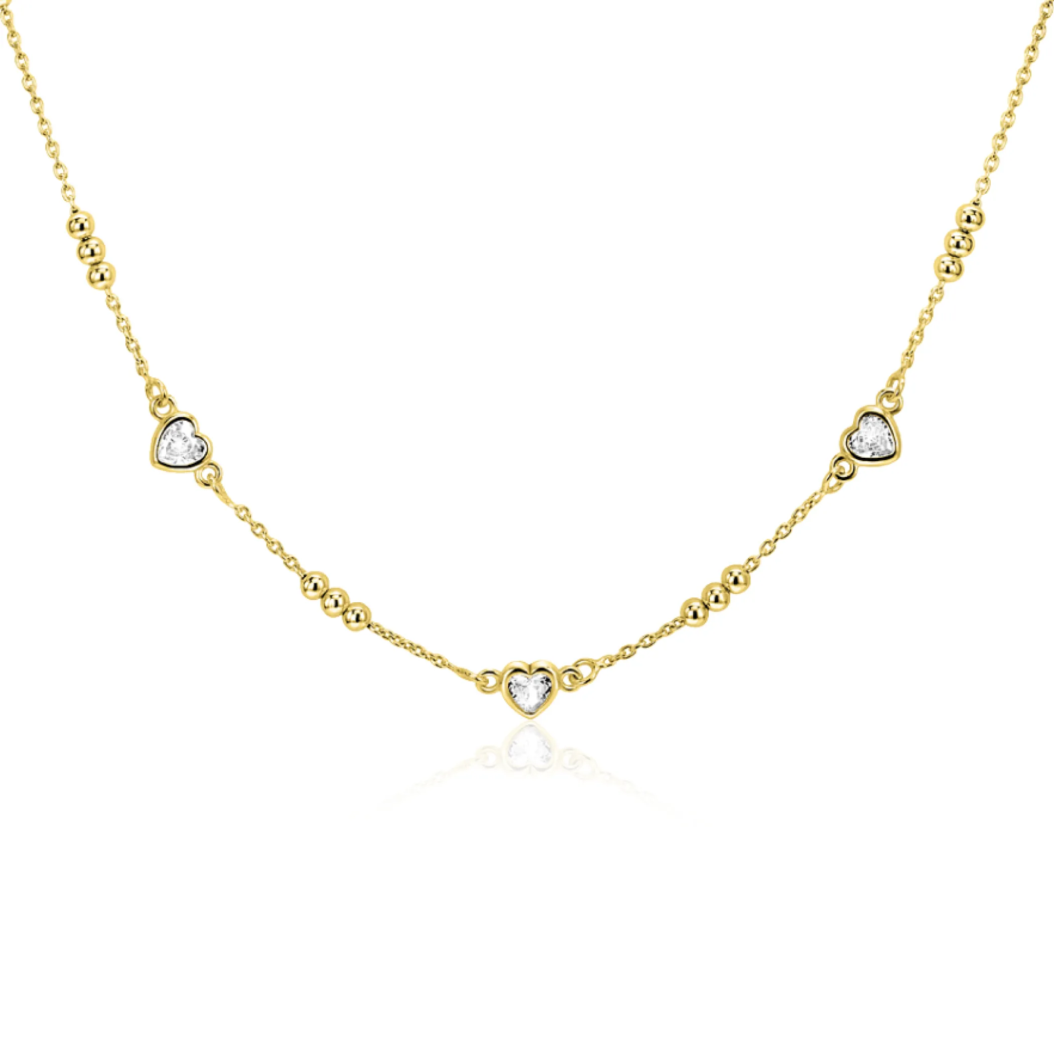 Best Zinzi gold plated zilveren schakelketting met trio-bolletjes en drie hartvormige witte zirkonia's 40-45cm ZIC2679