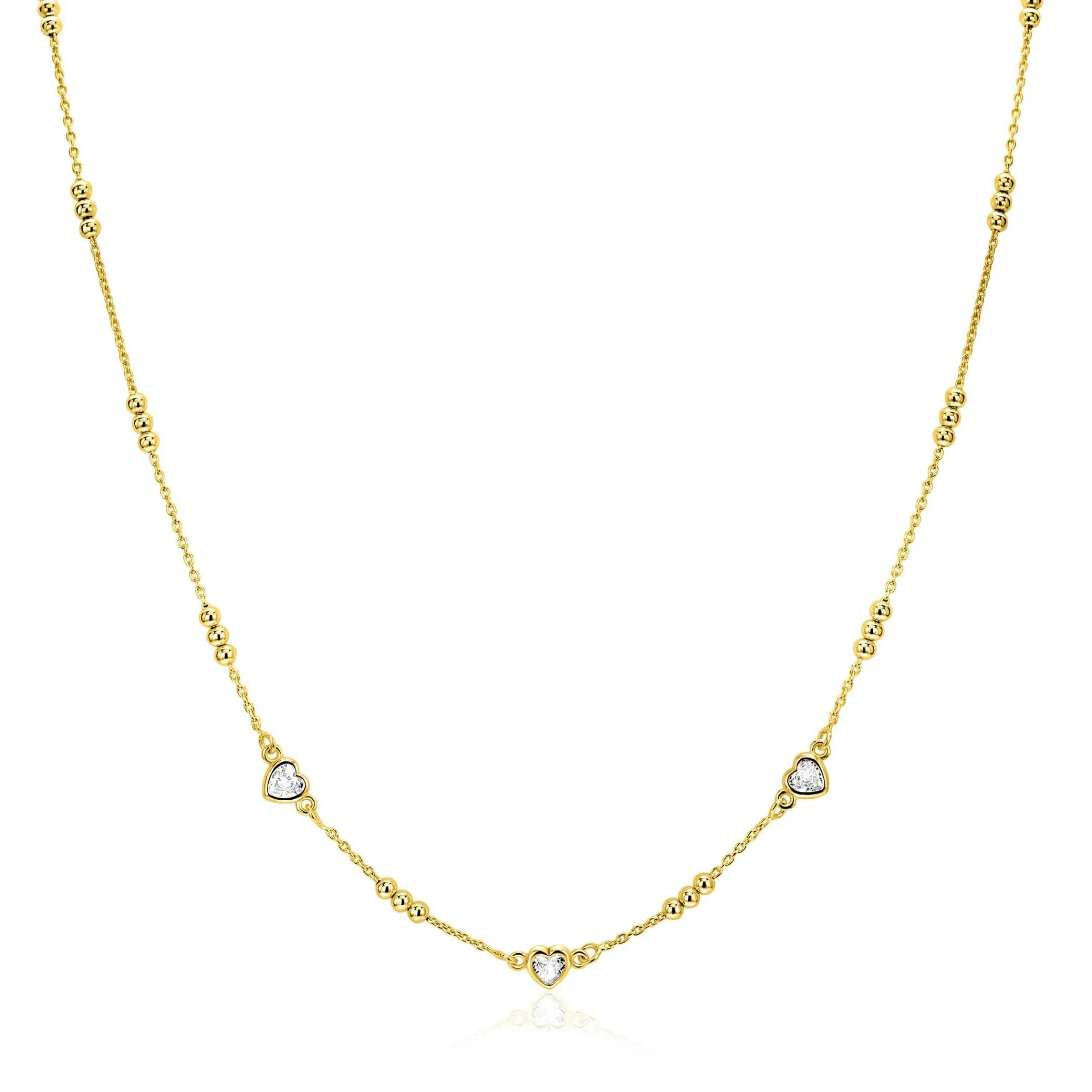 Best Zinzi gold plated zilveren schakelketting met trio-bolletjes en drie hartvormige witte zirkonia's 40-45cm ZIC2679
