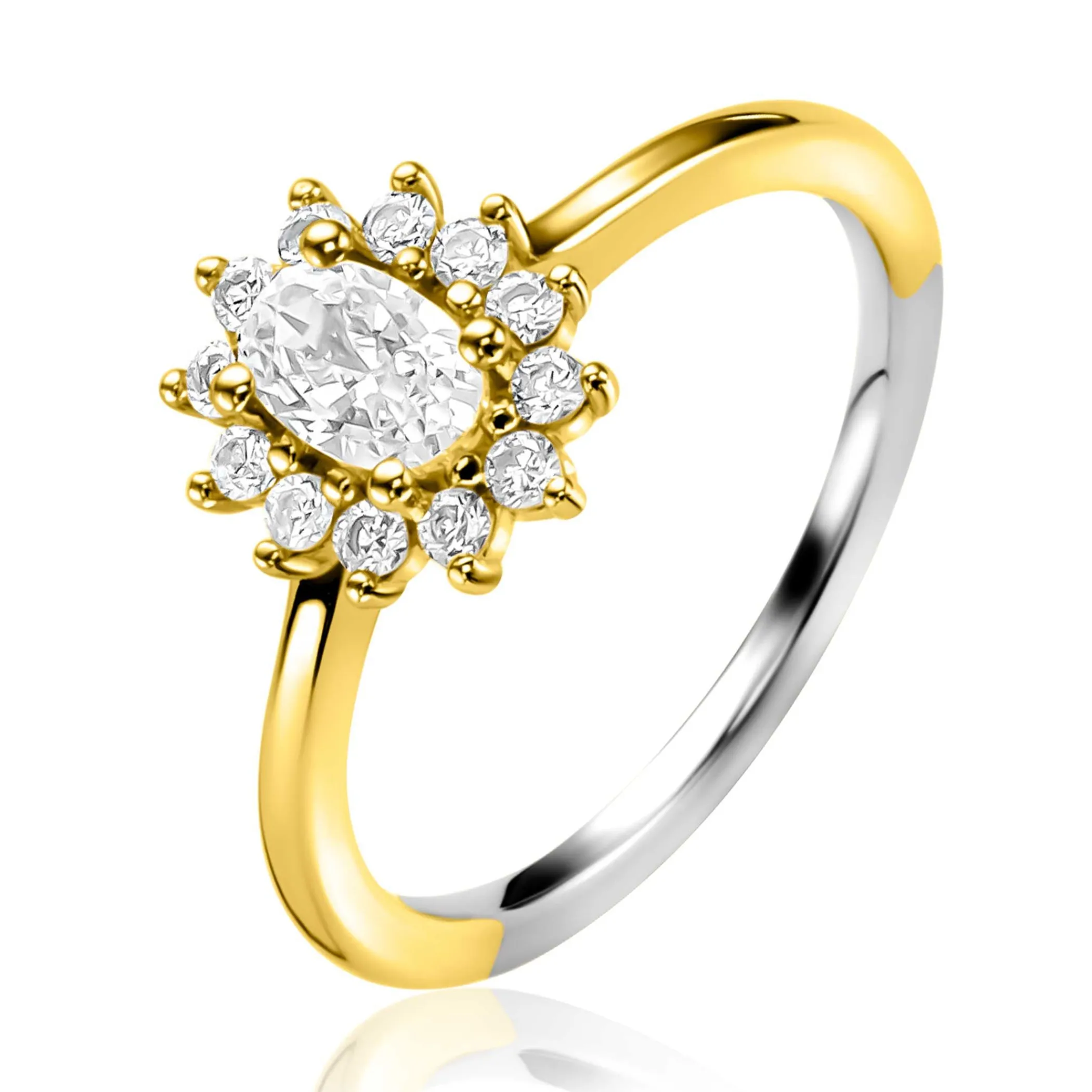 Sale Zinzi gold plated zilveren entourage verlovingsring met een grote ovale witte zirkonia (11mm) en klein hartje aan de zijkant ZIR2699Y
