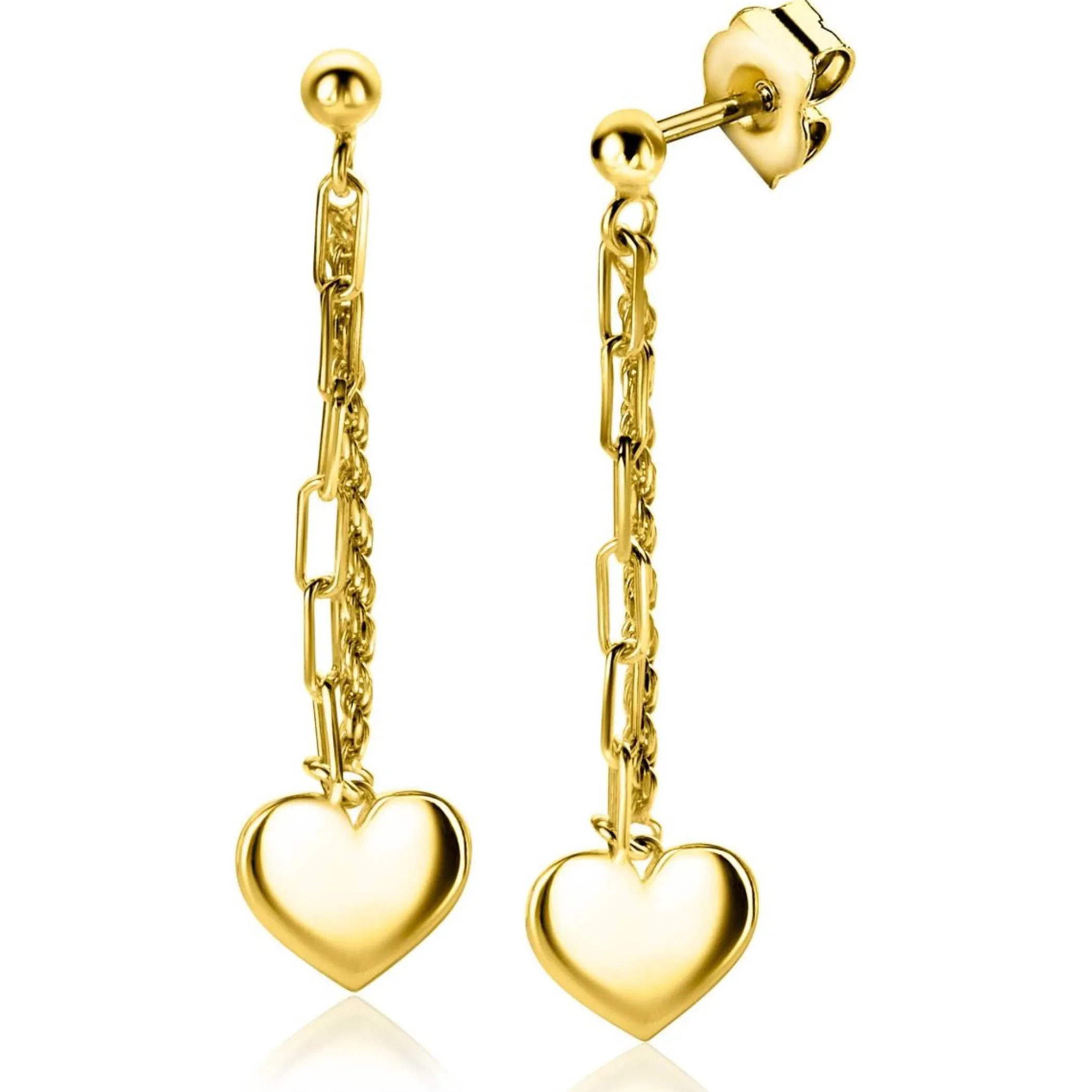 Discount Zinzi gold plated zilveren oorstekers 52mm lang met twee trendy schakels en glad hart ZIO2381G